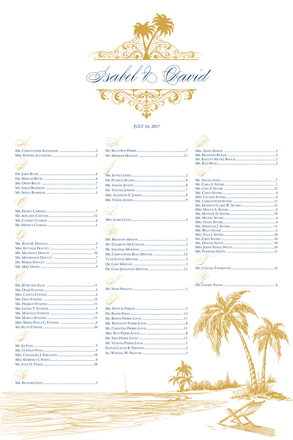 Beach Palms Beach and Seashell Wedding Seating Charts