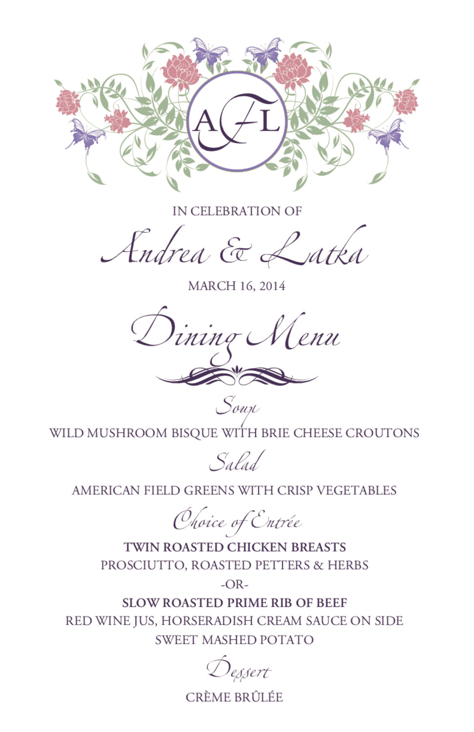 Butterfly Kisses Birds and Butterflies Wedding Menus