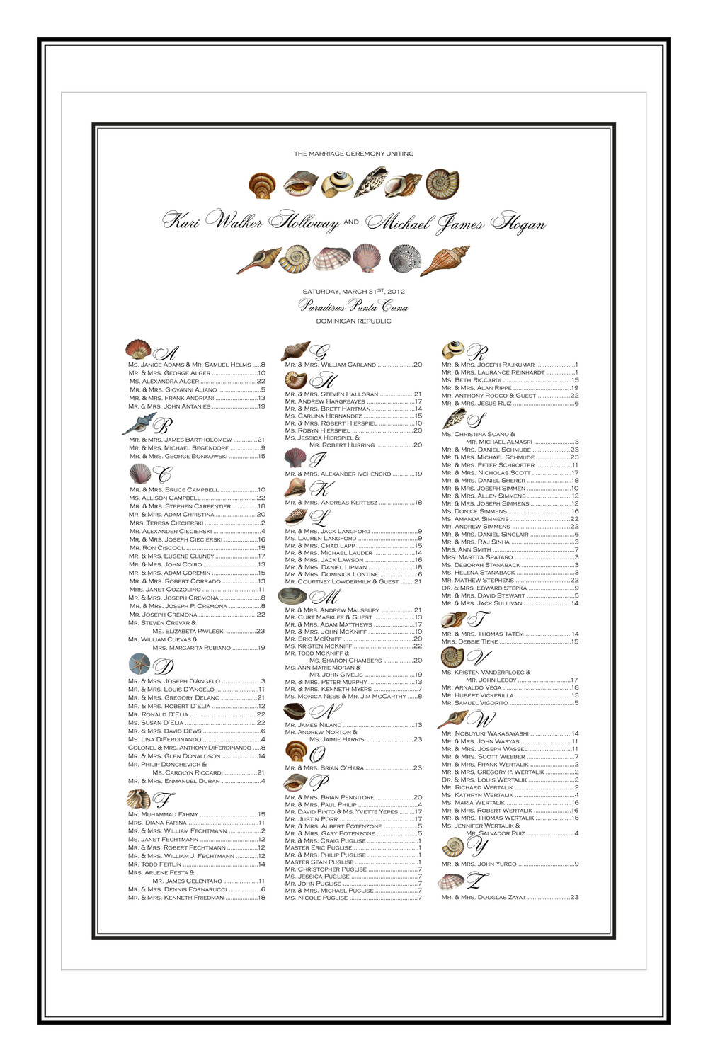 Seashell Collector Beach and Seashell Wedding Seating Charts