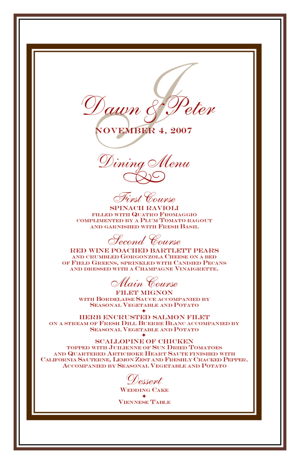 Bracha Contemporary and Classic Menus