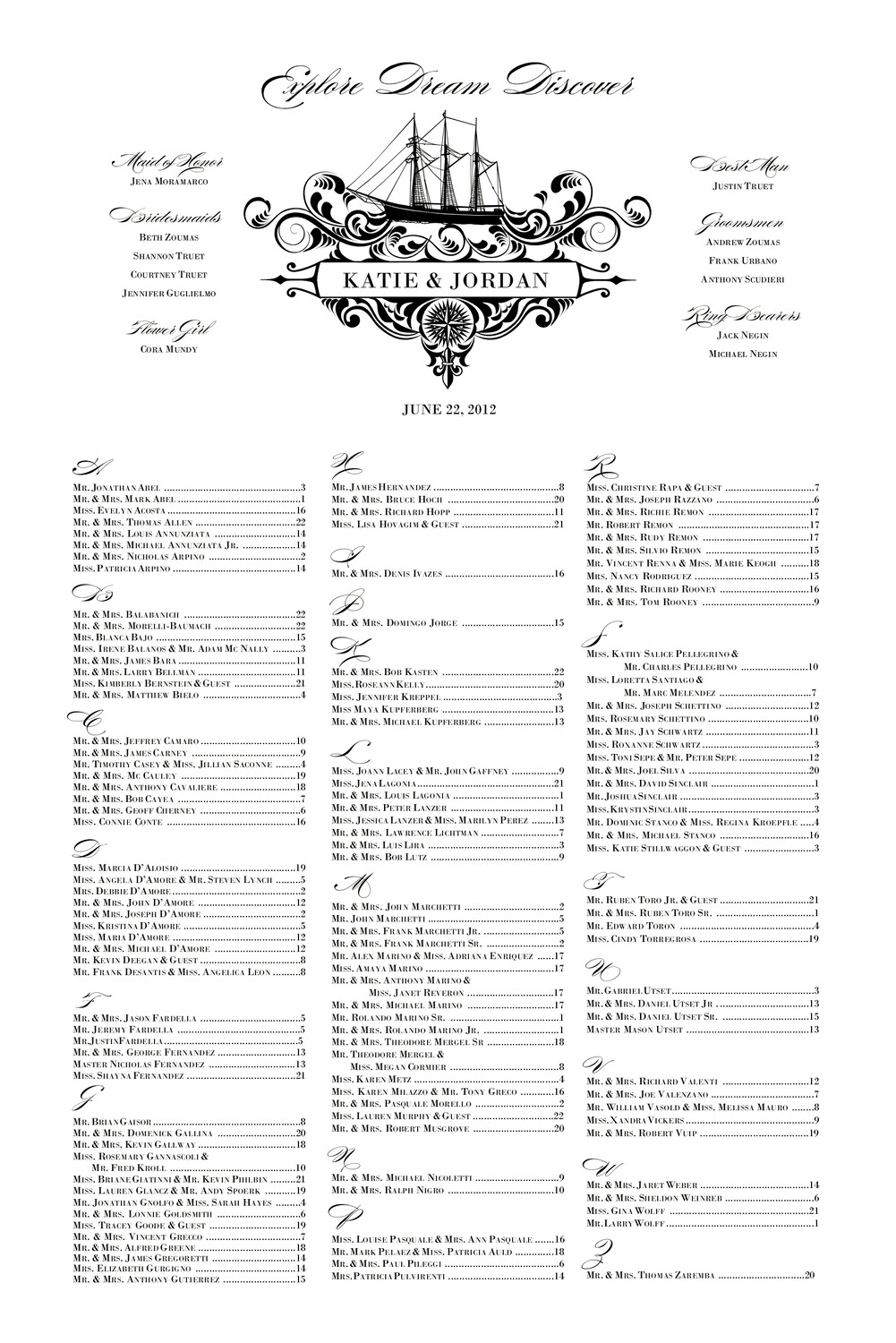 Seaworthy Navigation Beach and Seashell Wedding Seating Charts