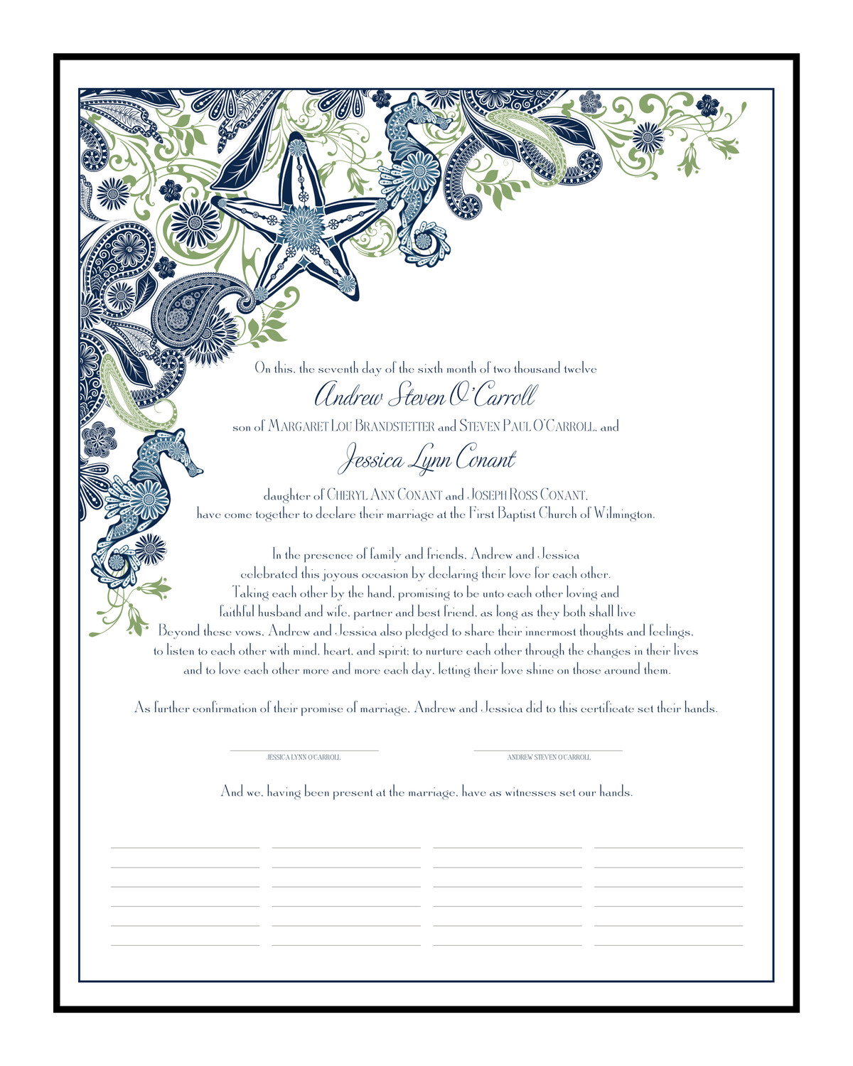 Paisley Ocean Beach and Seashell Wedding Certificates