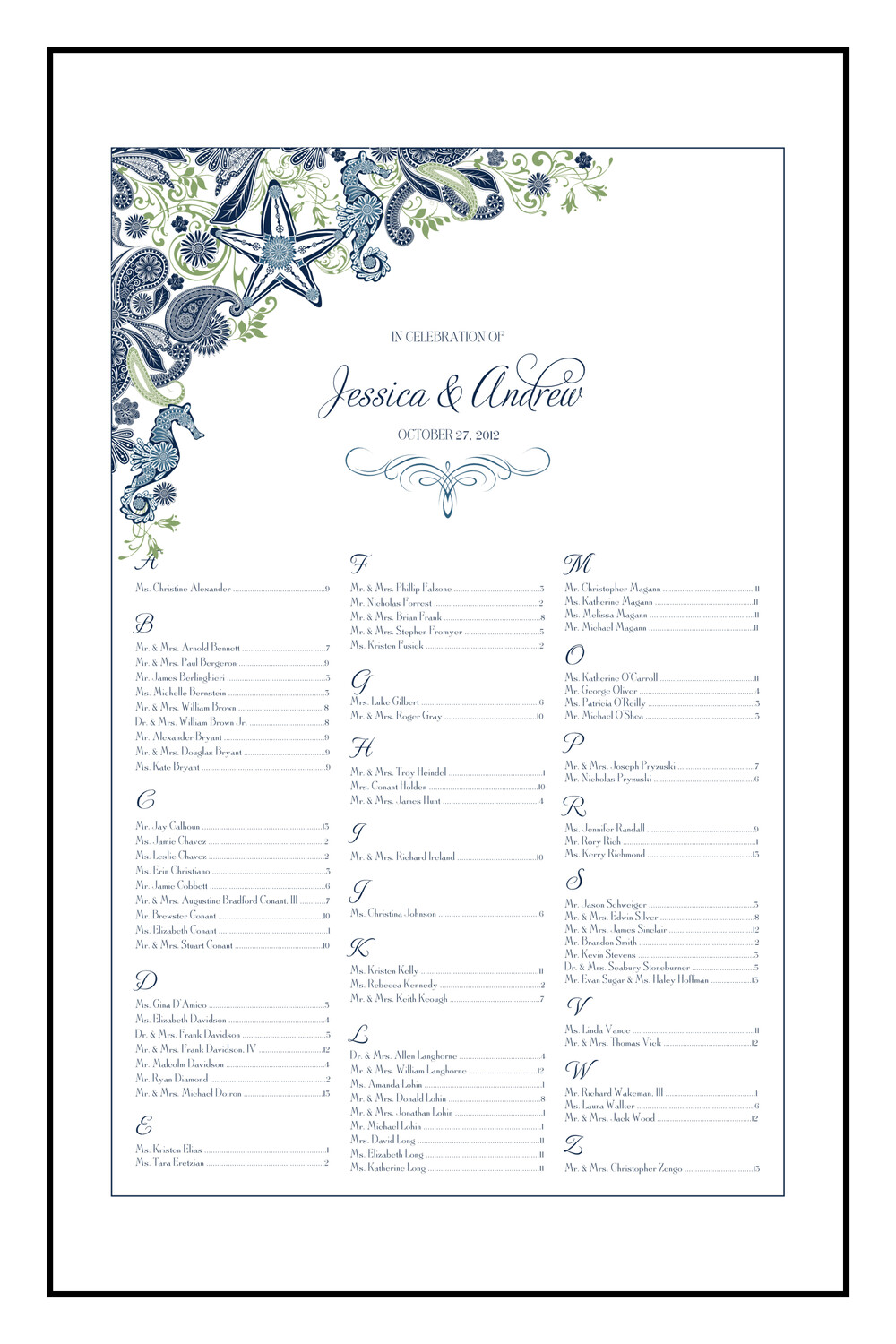 Paisley Ocean Beach and Seashell Wedding Seating Charts