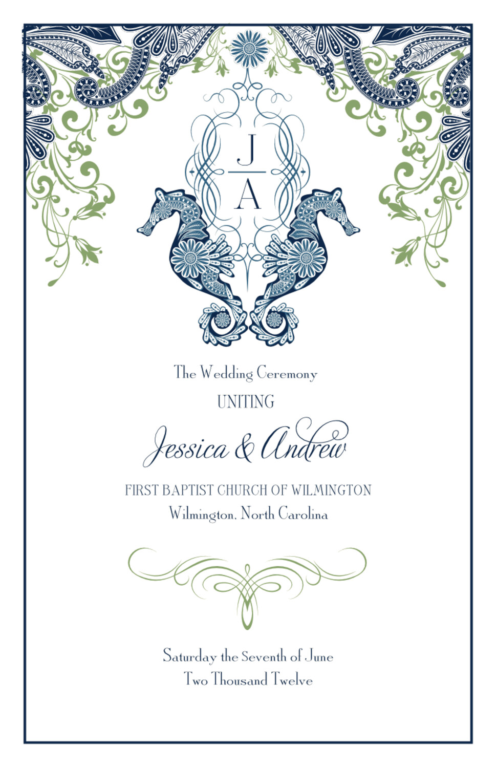 Paisley Seahorse Swirl Monogram Beach and Seashell Wedding Programs