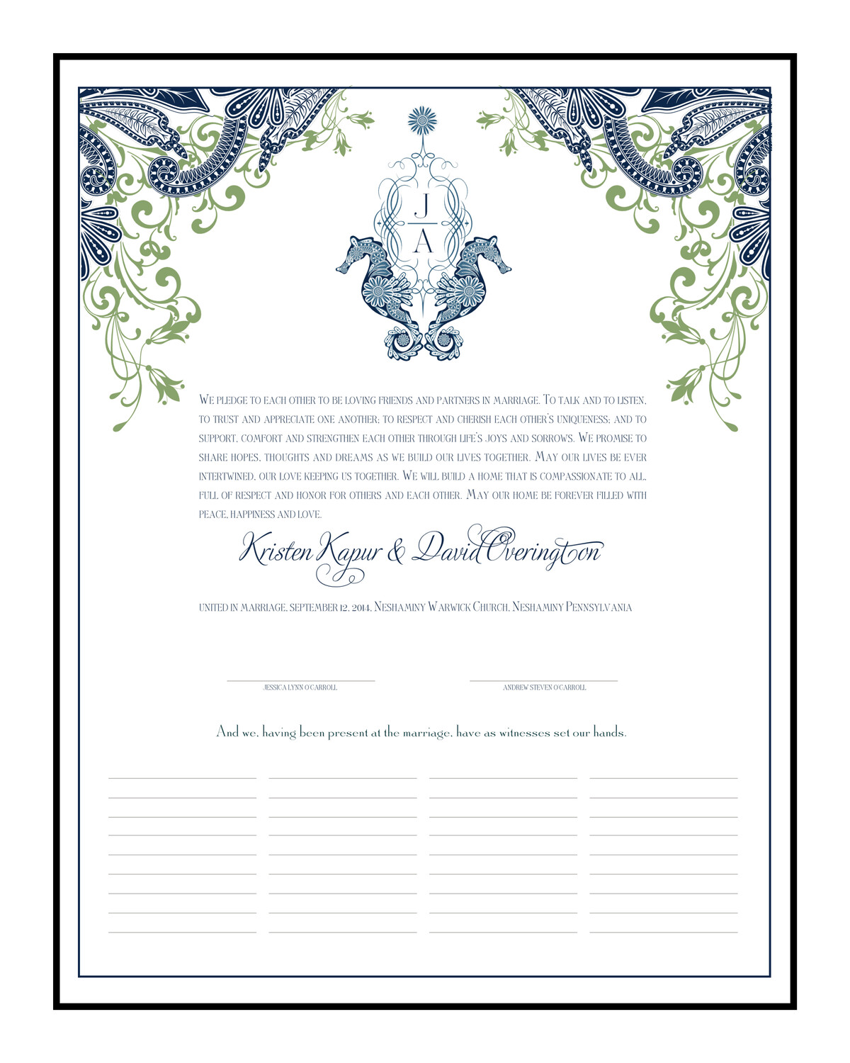 Paisley Seahorse Monogram Beach and Seashell Wedding Certificates