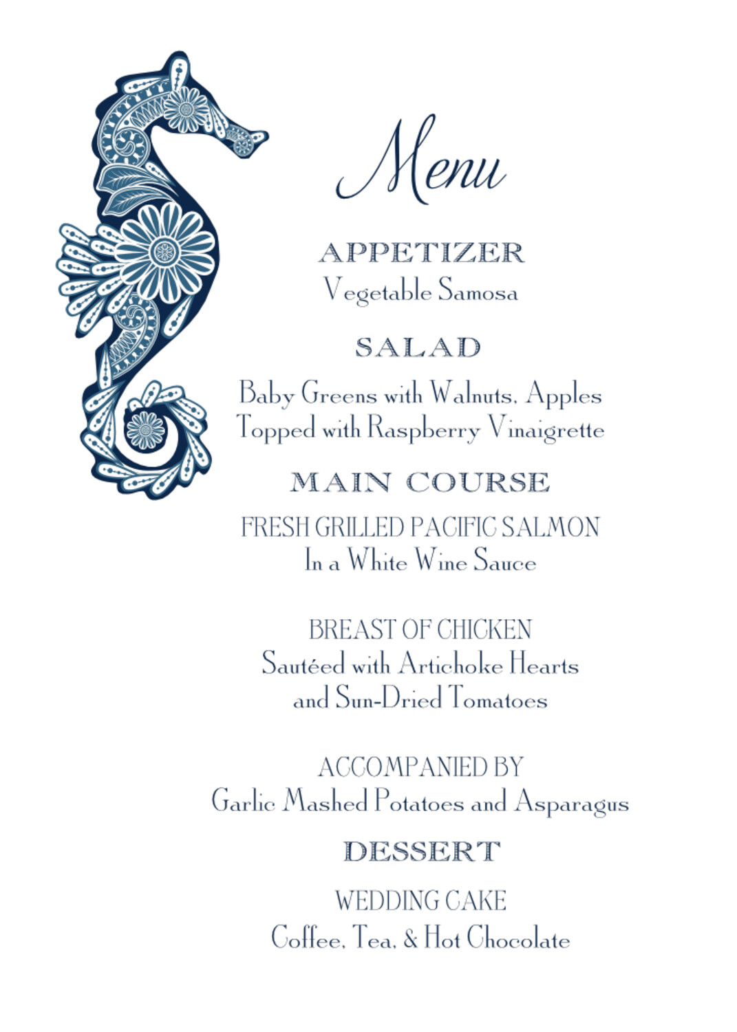 Paisley Ocean Beach, Seashell, and Fish Menus