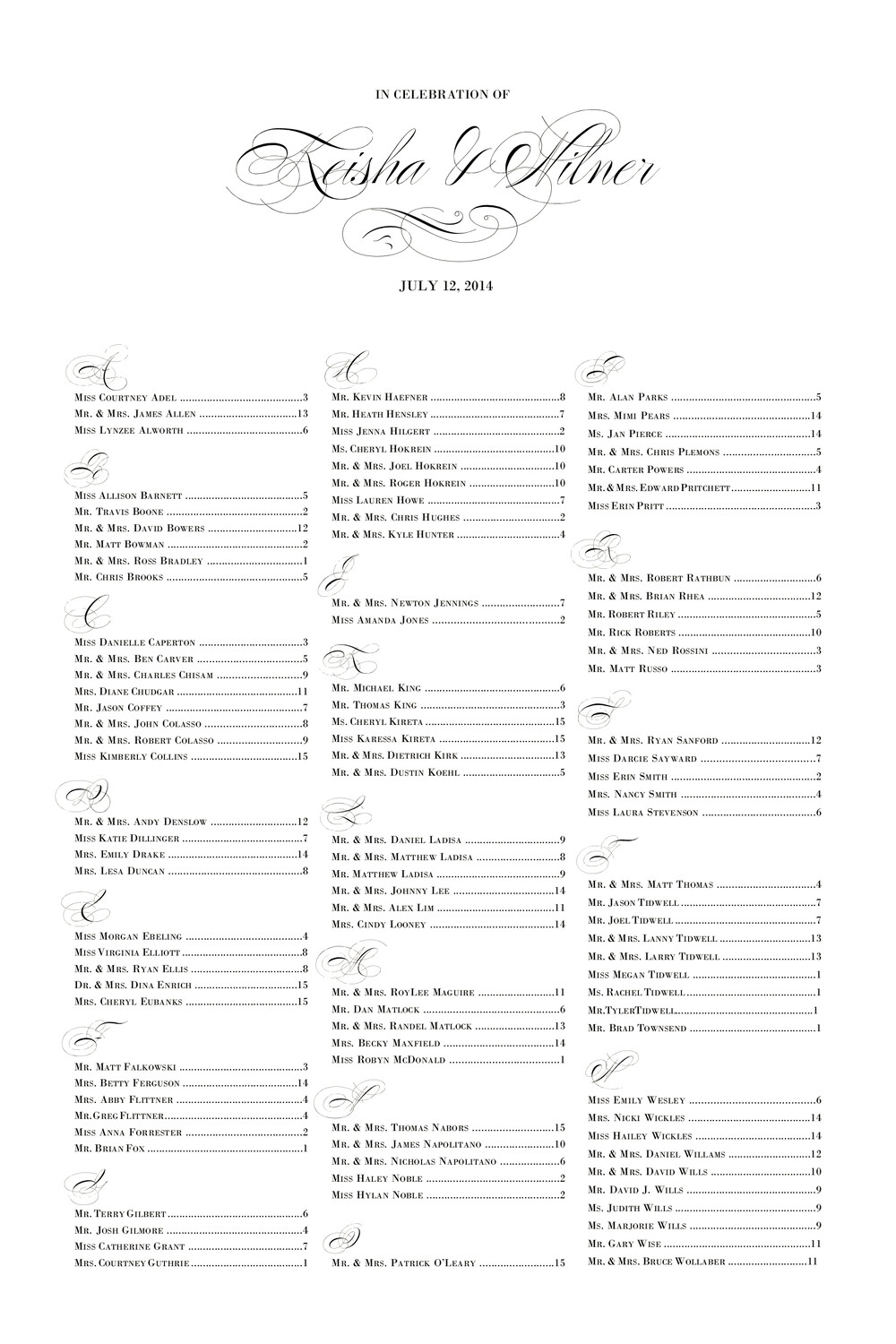 Poem Script Monogram Contemporary and Classic Wedding Seating Charts