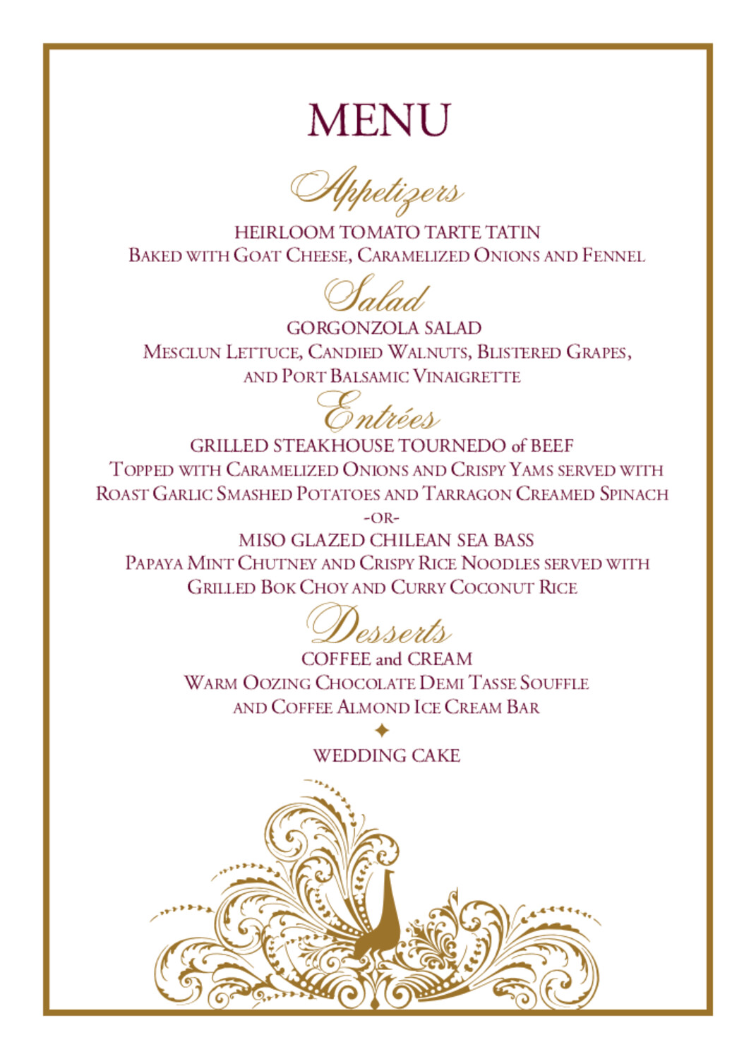 Pompous Peacock Birds and Butterflies Wedding Menus