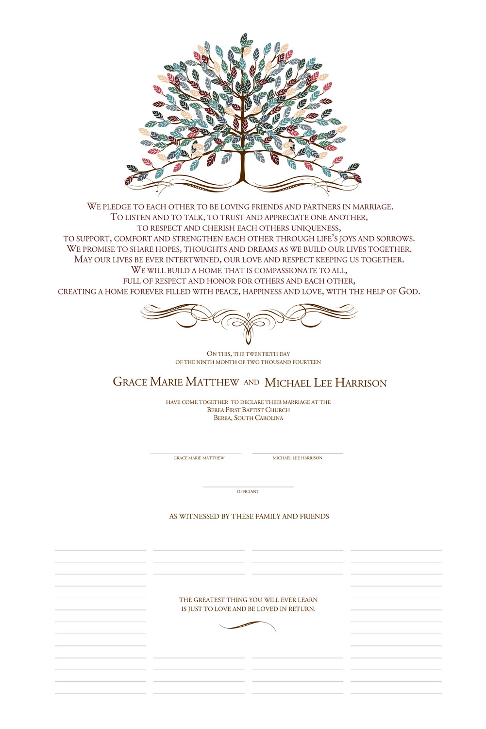 Arbor Day Leaves, Flowers, Vineyard & Grapes Wedding Certificates