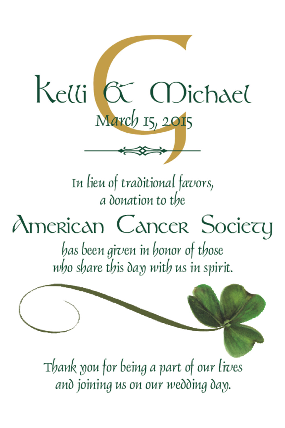 Wispy Shamrock Celtic Theme Wedding Donation Cards